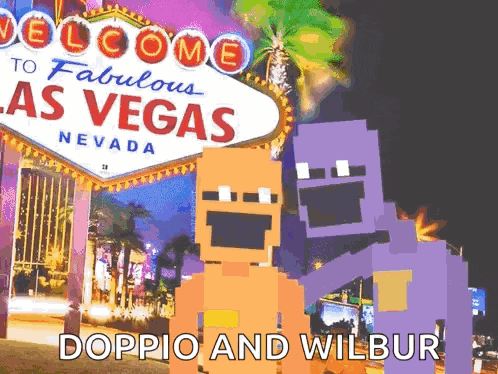 a welcome to fabulous las vegas nevada sign with doppio and wilbur standing in front of it .