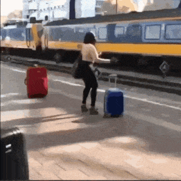 a woman is standing next to a suitcase on the sidewalk in front of a train