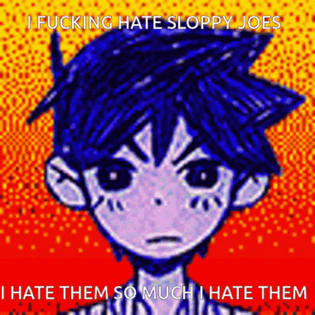 a pixel art of a boy with the words i fucking hate sloppy joes i hate them so much i hate them on the bottom
