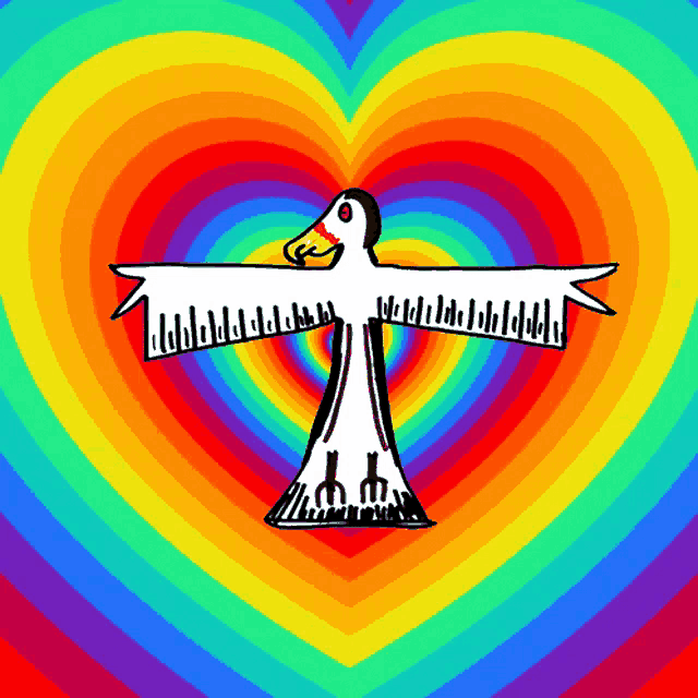 a drawing of a bird with its wings outstretched in front of a rainbow heart