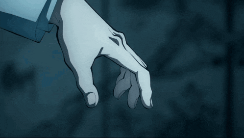 a hand with long blue nails is reaching out towards something
