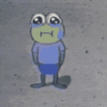a cartoon frog wearing a blue shirt and blue shorts is standing on a gray surface .