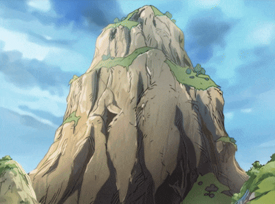 a cartoon drawing of a mountain with a blue sky