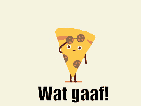 a cartoon illustration of a slice of pizza with sunglasses and the words wat gaaf !