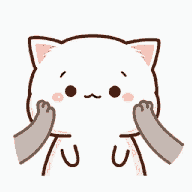a cartoon cat is being petted by a cat 's paw .