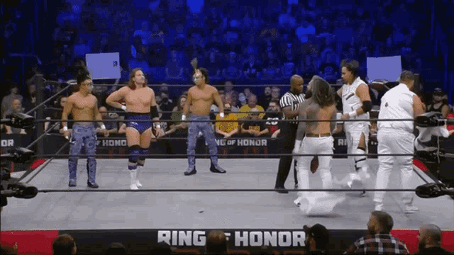 a group of wrestlers are standing in a ring that says ring of honor on it