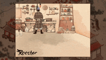 a drawing of a man in a kitchen with the word rooster on the bottom right
