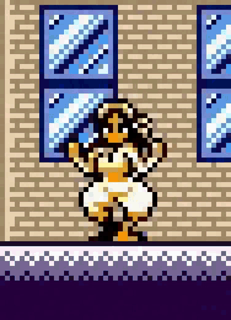 a pixel art drawing of a woman standing in front of a window