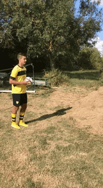 a man in a yellow and black soccer uniform is holding a ball