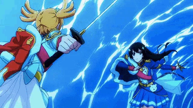 two anime characters are fighting each other with swords in the water .