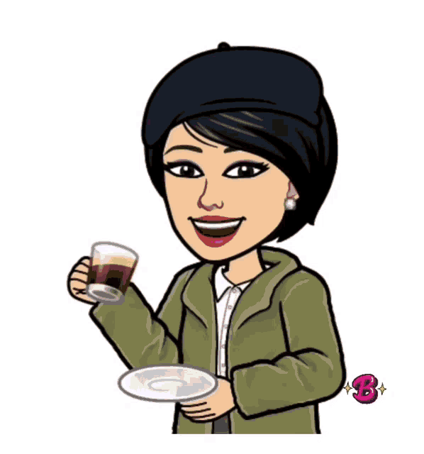 a woman in a beret is holding a cup of coffee and a plate .