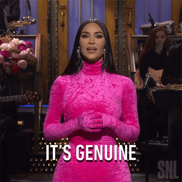 kim kardashian in a pink dress says it 's genuine on snl