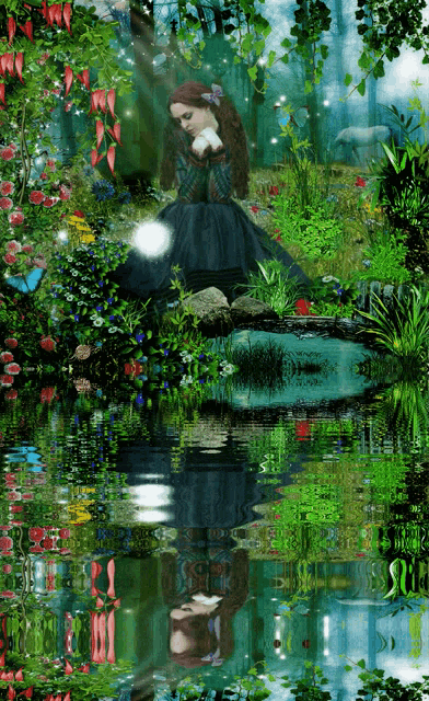 a painting of a woman sitting on a rock by a pond