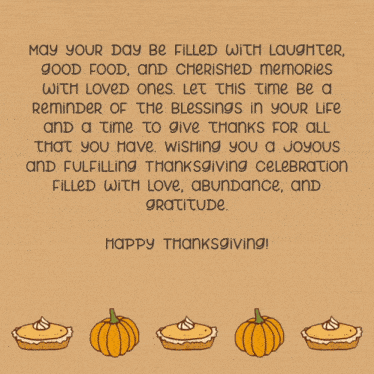 a card that says happy thanksgiving with pumpkins and pies on it