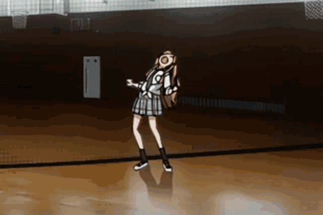 a girl in a school uniform is dancing in a basketball court