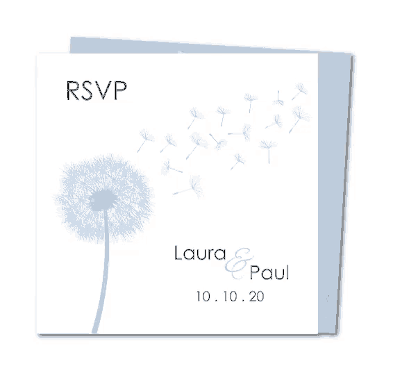 a wedding rsvp card with a dandelion and the names laura and paul