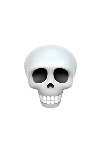 a white skull with black eyes and teeth against a white background