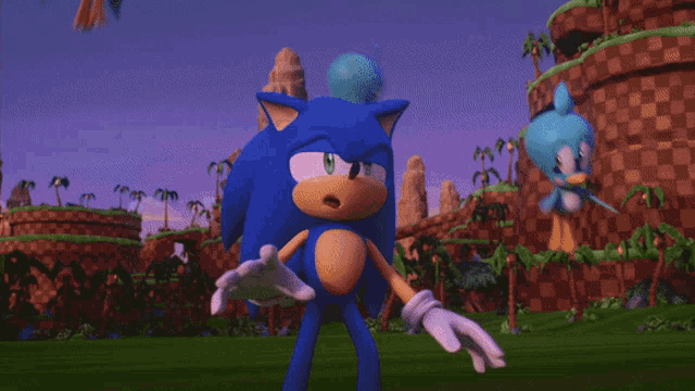 sonic the hedgehog stands in front of a checkered field