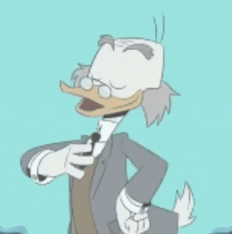 a cartoon duck is wearing a suit and tie and pointing at the camera .