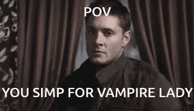 a blurred image of a person with a caption that says pov you simp for vampire lady .