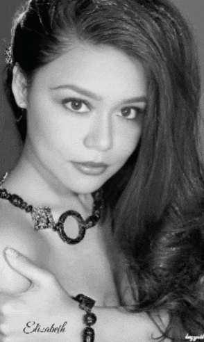a black and white photo of a woman with the name elizabeth on it