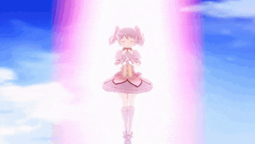 a girl in a pink dress is standing in front of a pink light