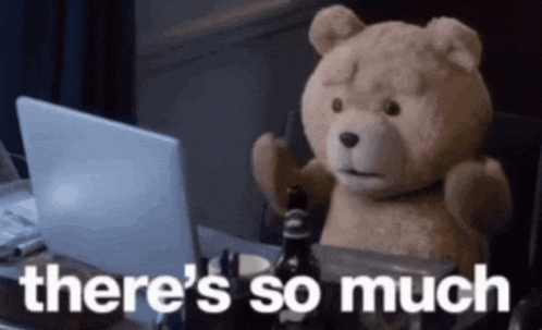 a teddy bear is sitting in front of a laptop with the words " there 's so much " written below it