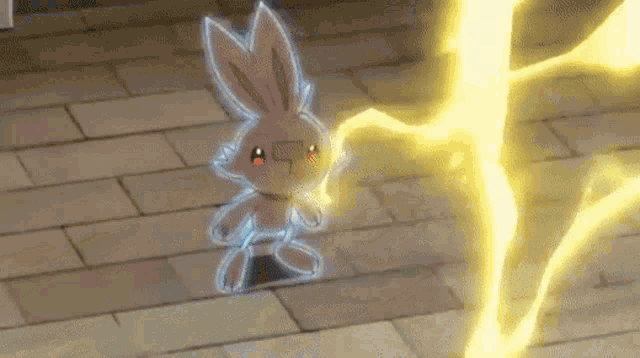 a rabbit is being struck by a lightning bolt while standing on a brick floor .