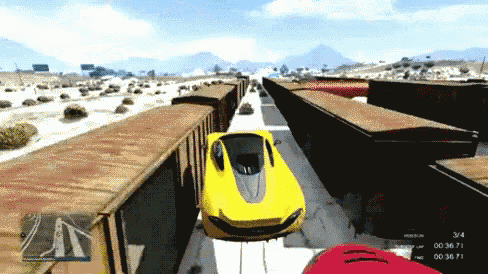 a yellow car is driving down a train track in a video game with a score of 3/4