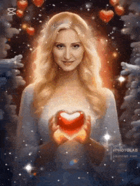 a woman is holding a heart in her hands .