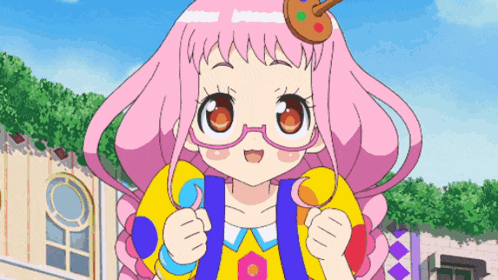 a girl with pink hair and glasses is holding a palette