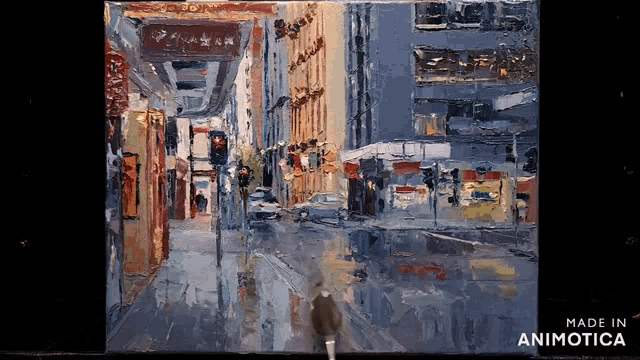 a painting of a city street with the words made in animotica below it