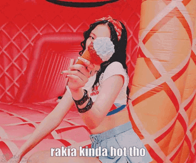 a woman holding an ice cream cone with the words rakia kinda hot tho written below her