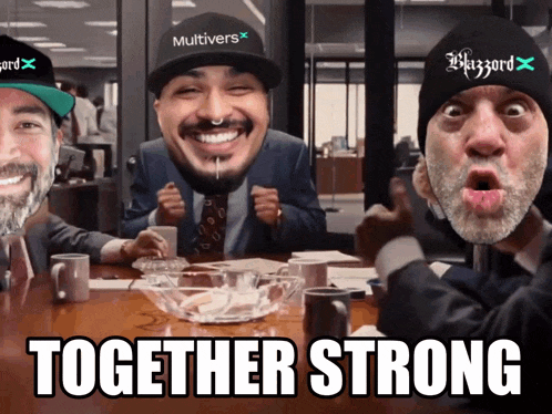 a group of men are sitting at a table with the words together strong on the bottom right