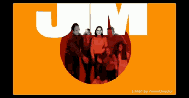a group of people are standing in a red circle with the word jim in white letters