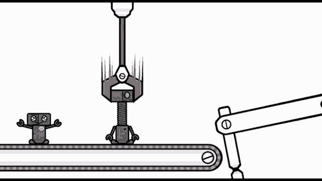 a black and white drawing of robots on a conveyor belt
