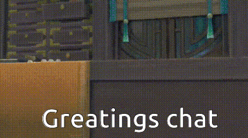 a video game character is sitting at a table with the words greetings chat .