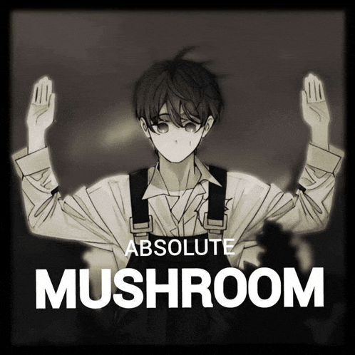 a poster for absolute mushroom shows a boy with his arms in the air