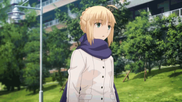 a blonde haired anime girl wearing a white jacket and a blue scarf