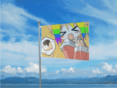 a colorful flag is flying in the wind in front of a body of water