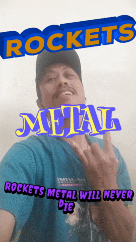 a man giving the middle finger with the words rockets metal behind him