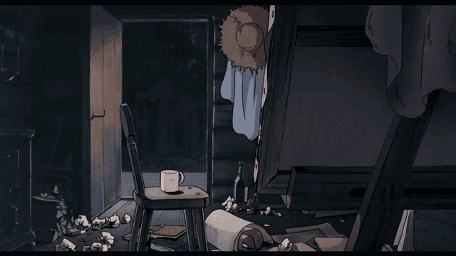 a drawing of a messy room with a cup on a stool and a hat hanging on the wall