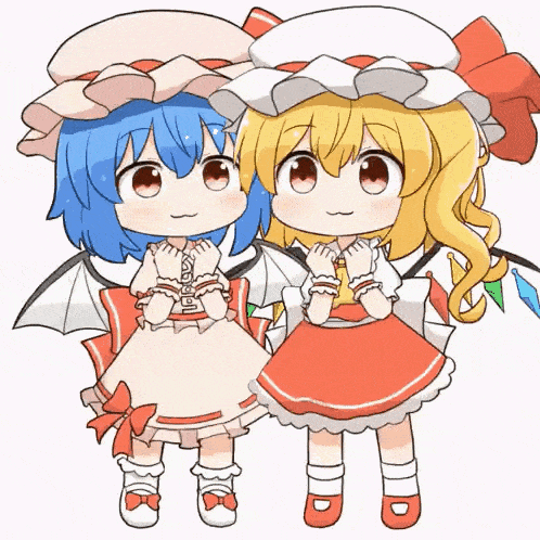 two anime girls are standing next to each other on a white background .