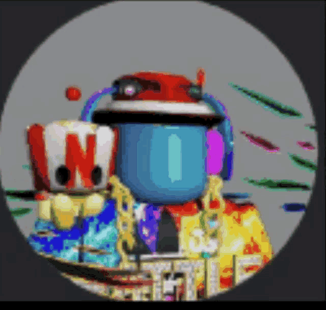 a pixel art of a robot wearing headphones and a hat with the letter n on it .