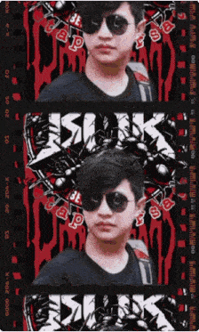 a man wearing sunglasses is standing in front of a sign that says ' blink ' on it