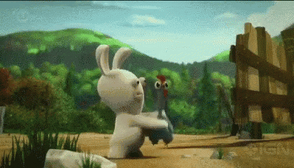 a cartoon rabbit is holding a chicken in its arms .
