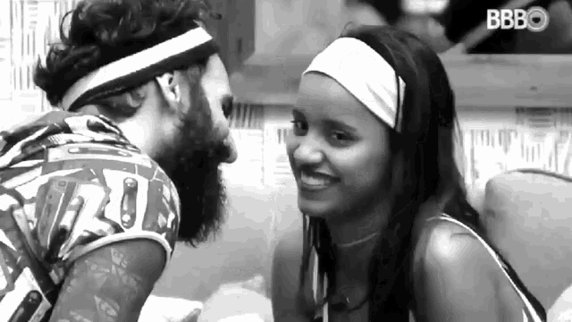 a black and white photo of a man and woman looking at each other with bbbo written on the bottom