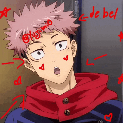 a drawing of a boy with the word yujimio written on his head