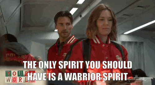 a man and a woman are standing next to each other with the words " the only spirit you should have is a warrior spirit "