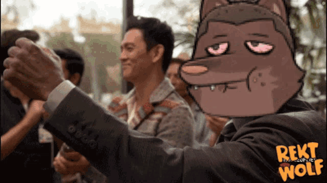 a man in a suit is taking a selfie with a cartoon wolf behind him that says rekt wolf